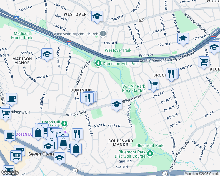 map of restaurants, bars, coffee shops, grocery stores, and more near 913 North Larrimore Street in Arlington