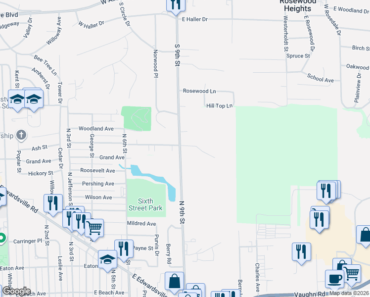 map of restaurants, bars, coffee shops, grocery stores, and more near 415 South 9th Street in East Alton