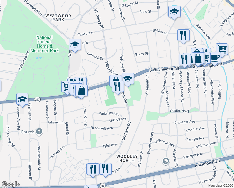 map of restaurants, bars, coffee shops, grocery stores, and more near 2814 Graham Road in Falls Church