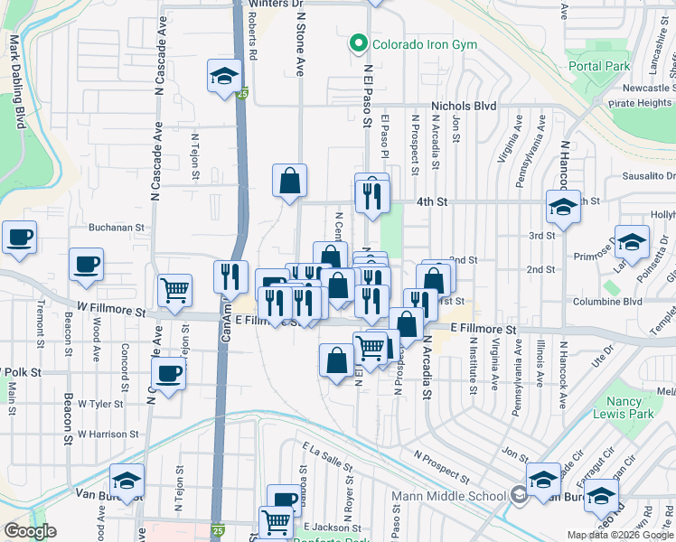 map of restaurants, bars, coffee shops, grocery stores, and more near 610 1st Street in Colorado Springs