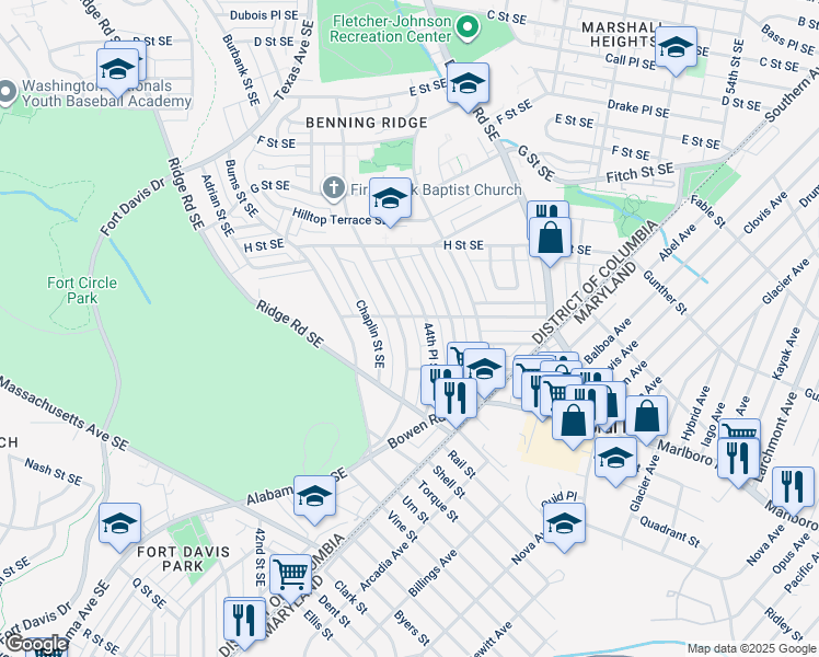 map of restaurants, bars, coffee shops, grocery stores, and more near 4457 Alabama Avenue Southeast in Washington