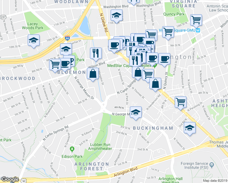 map of restaurants, bars, coffee shops, grocery stores, and more near 4603 North Carlin Springs Road in Arlington