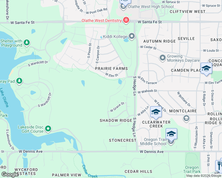 map of restaurants, bars, coffee shops, grocery stores, and more near 515 South Canyon Drive in Olathe