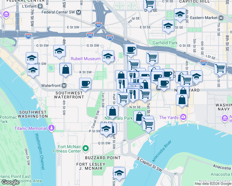 map of restaurants, bars, coffee shops, grocery stores, and more near 101 Independence Avenue Southeast in Washington