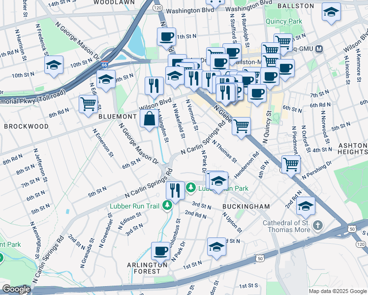 map of restaurants, bars, coffee shops, grocery stores, and more near 4603 North Carlin Springs Road in Arlington