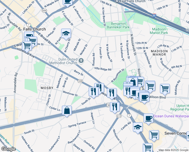 map of restaurants, bars, coffee shops, grocery stores, and more near 709 East Broad Street in Falls Church