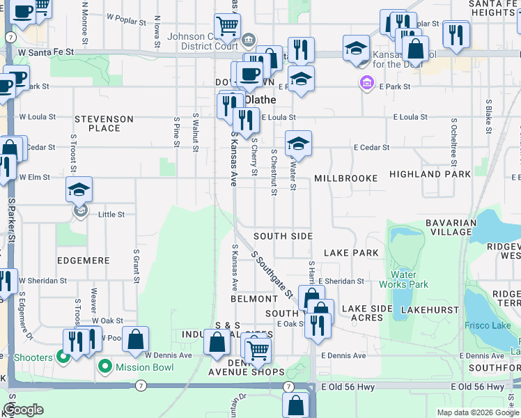 map of restaurants, bars, coffee shops, grocery stores, and more near 461 South Cherry Street in Olathe