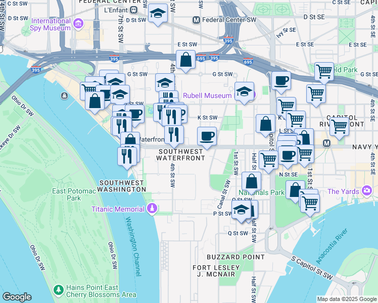 map of restaurants, bars, coffee shops, grocery stores, and more near 300 M Street Southwest in Washington