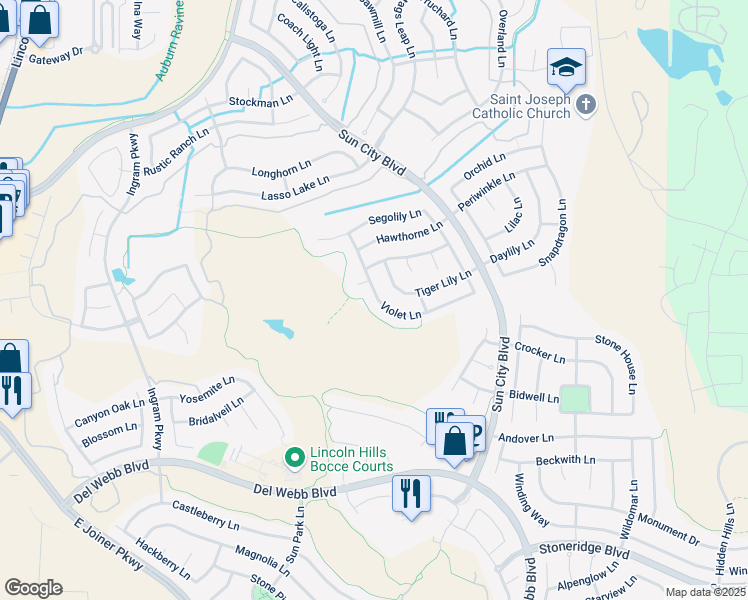 map of restaurants, bars, coffee shops, grocery stores, and more near 676 Violet Lane in Lincoln