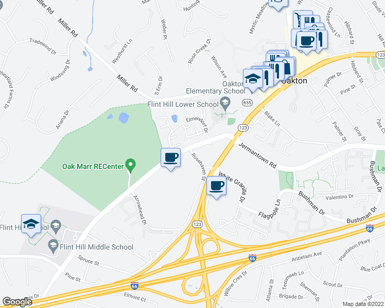 map of restaurants, bars, coffee shops, grocery stores, and more near 10523 Rosehaven Street in Fairfax