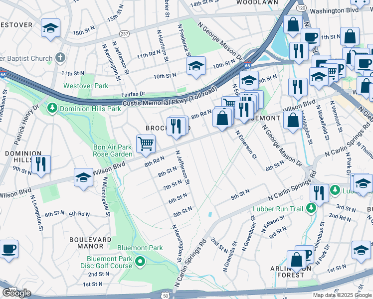 map of restaurants, bars, coffee shops, grocery stores, and more near 820 North Illinois Street in Arlington