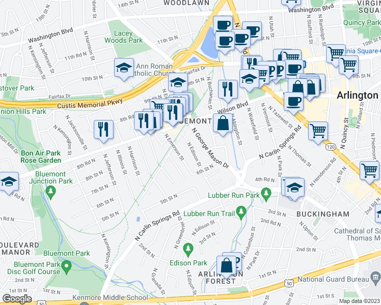 map of restaurants, bars, coffee shops, grocery stores, and more near 704 North Edison Street in Arlington