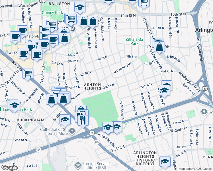 map of restaurants, bars, coffee shops, grocery stores, and more near 302 North Kenmore Street in Arlington