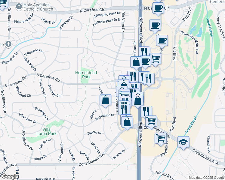 map of restaurants, bars, coffee shops, grocery stores, and more near 5555 Sacramento Place in Colorado Springs