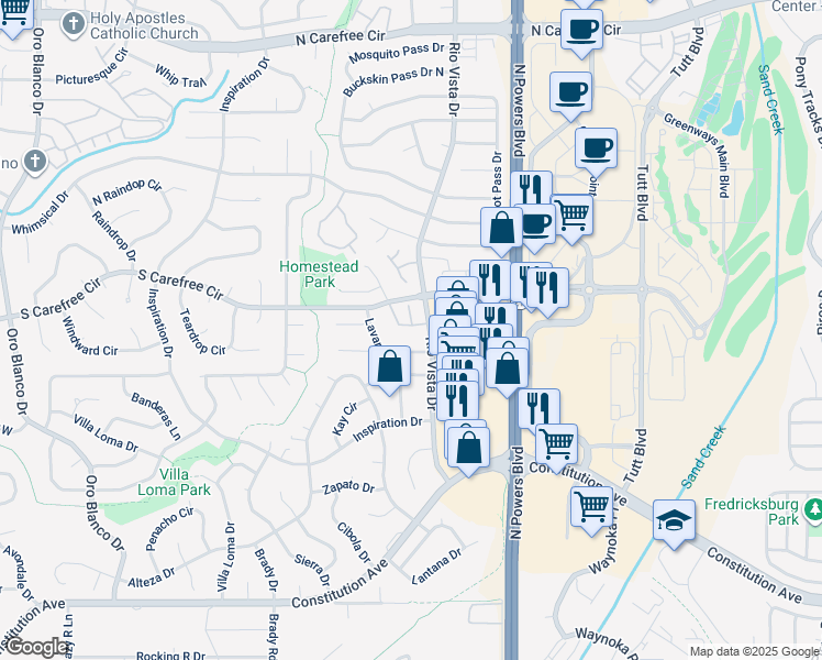 map of restaurants, bars, coffee shops, grocery stores, and more near 5555 Sacramento Place in Colorado Springs