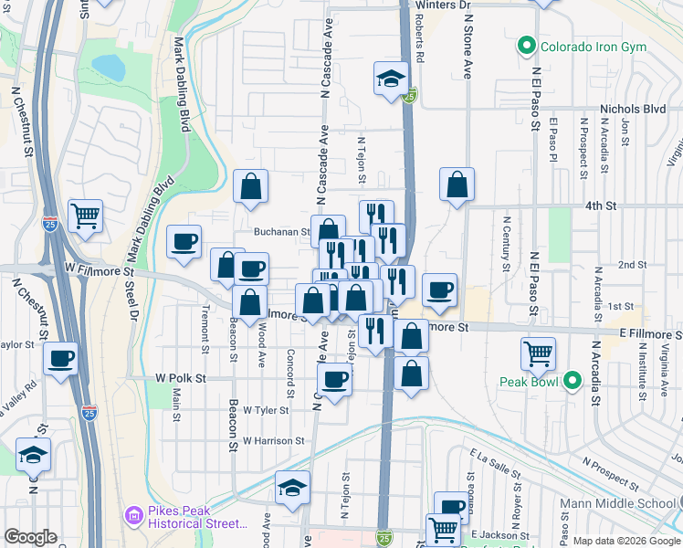 map of restaurants, bars, coffee shops, grocery stores, and more near 3020 North Nevada Avenue in Colorado Springs