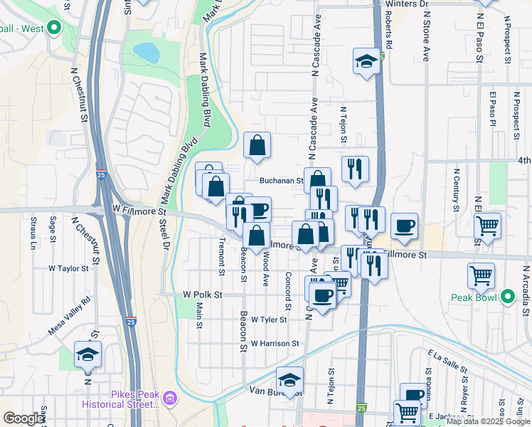 map of restaurants, bars, coffee shops, grocery stores, and more near 170 West Fillmore Street in Colorado Springs