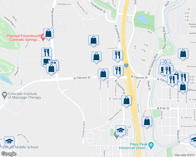 map of restaurants, bars, coffee shops, grocery stores, and more near 2925 Straus Lane in Colorado Springs