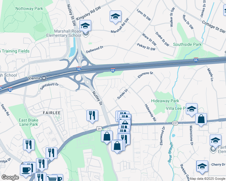 map of restaurants, bars, coffee shops, grocery stores, and more near 2887 Star Opal Drive in Fairfax