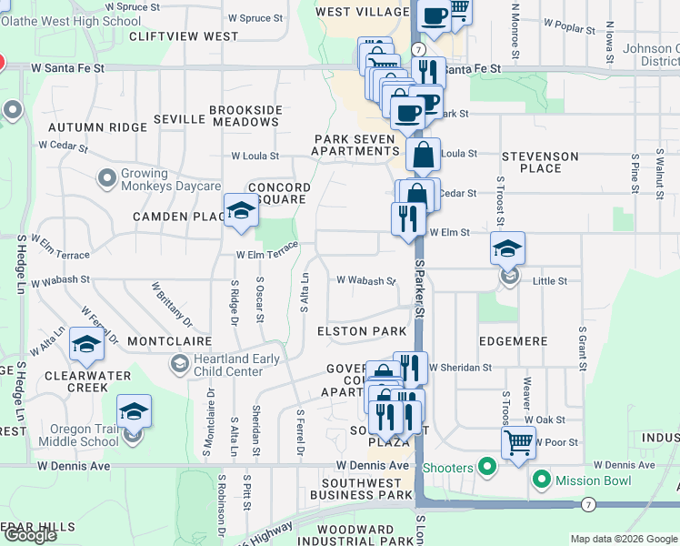 map of restaurants, bars, coffee shops, grocery stores, and more near 508 South Wabash Court in Olathe