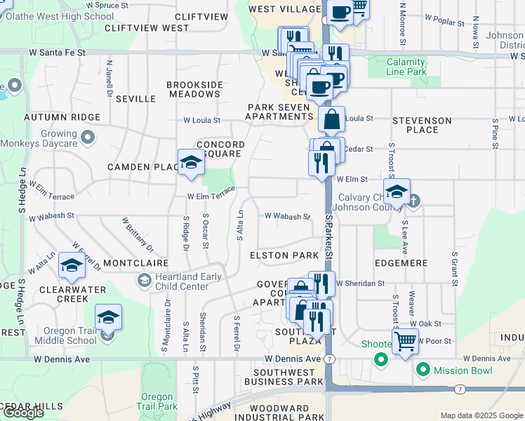 map of restaurants, bars, coffee shops, grocery stores, and more near 513 South Valley Road in Olathe