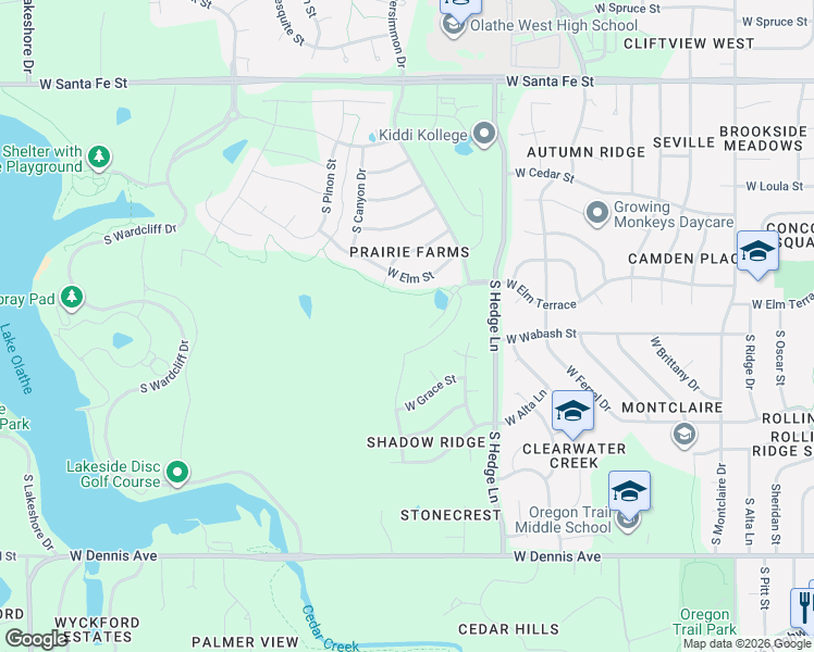 map of restaurants, bars, coffee shops, grocery stores, and more near 515 South Canyon Drive in Olathe