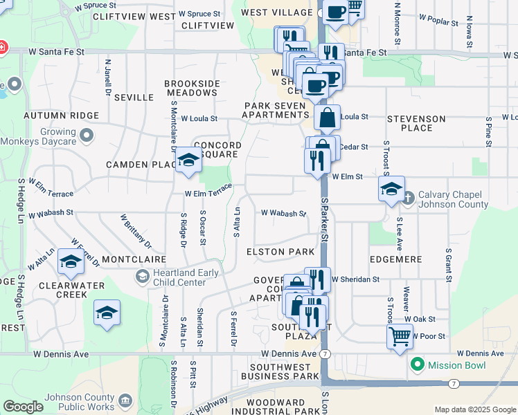 map of restaurants, bars, coffee shops, grocery stores, and more near 513 South Valley Road in Olathe