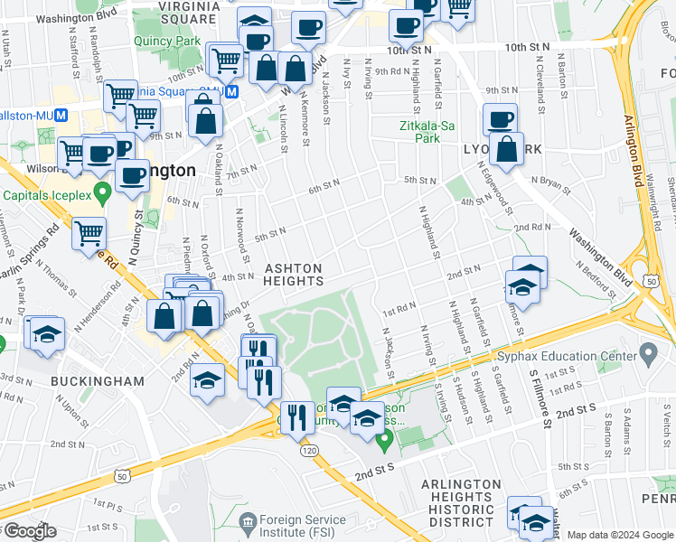 map of restaurants, bars, coffee shops, grocery stores, and more near 302 North Kenmore Street in Arlington