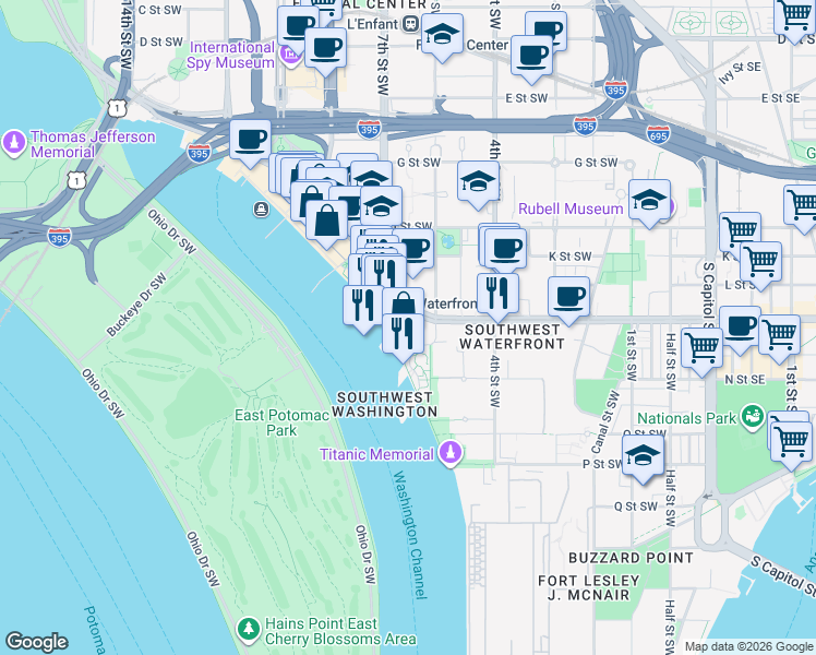 map of restaurants, bars, coffee shops, grocery stores, and more near 610 Water Street Southwest in Washington