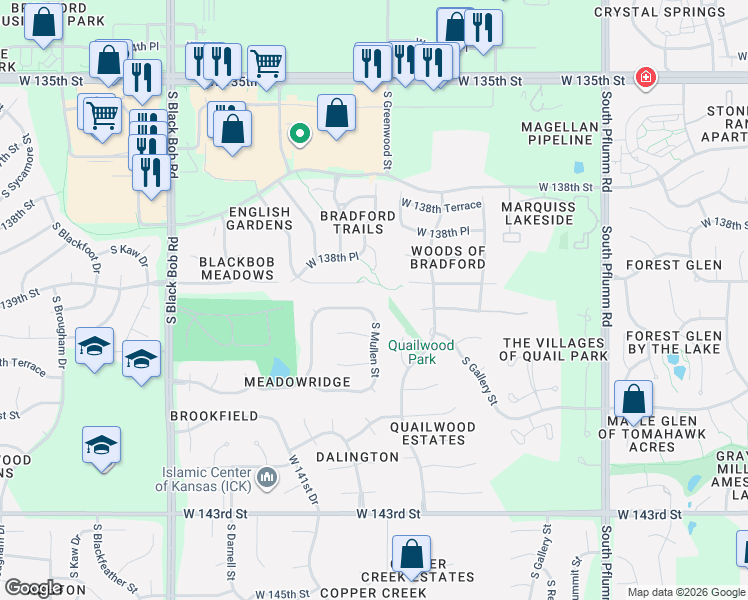 map of restaurants, bars, coffee shops, grocery stores, and more near 14051 South Mullen Street in Olathe