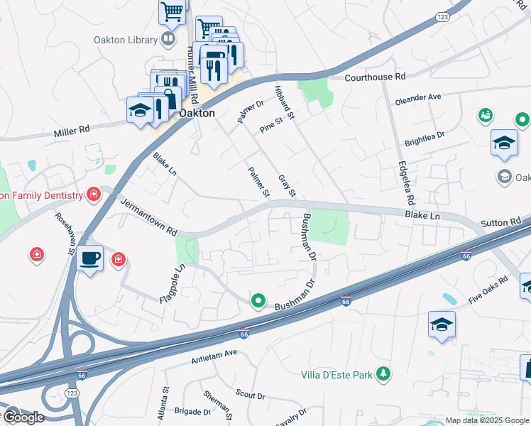map of restaurants, bars, coffee shops, grocery stores, and more near 3064 Windwood Farms Drive in Oakton
