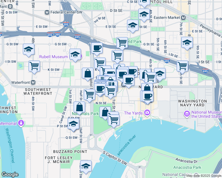map of restaurants, bars, coffee shops, grocery stores, and more near 101 Independence Avenue Southeast in Washington