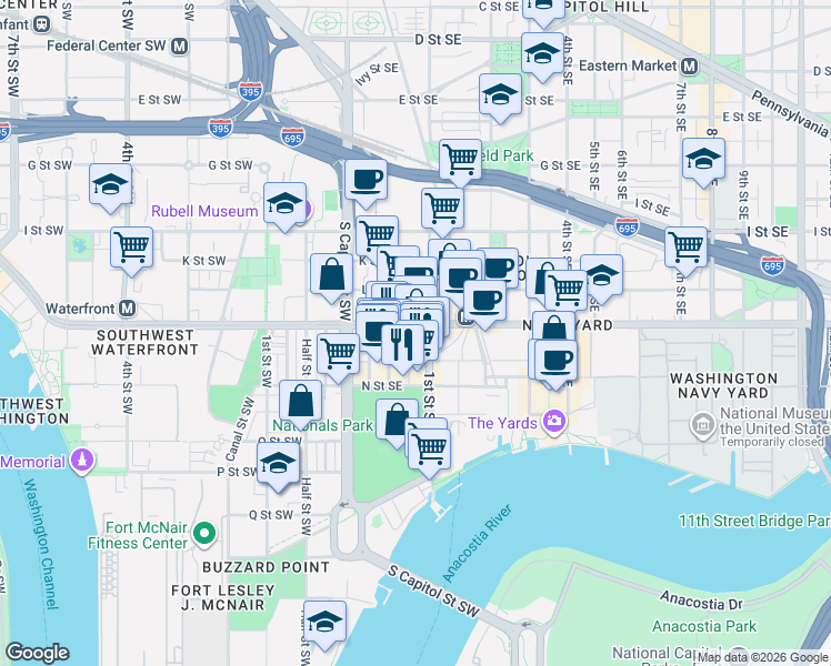 map of restaurants, bars, coffee shops, grocery stores, and more near 85 M Street Southeast in Washington
