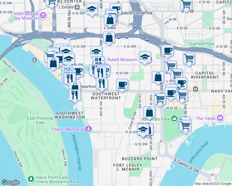 map of restaurants, bars, coffee shops, grocery stores, and more near 101 Independence Avenue Southeast in Washington
