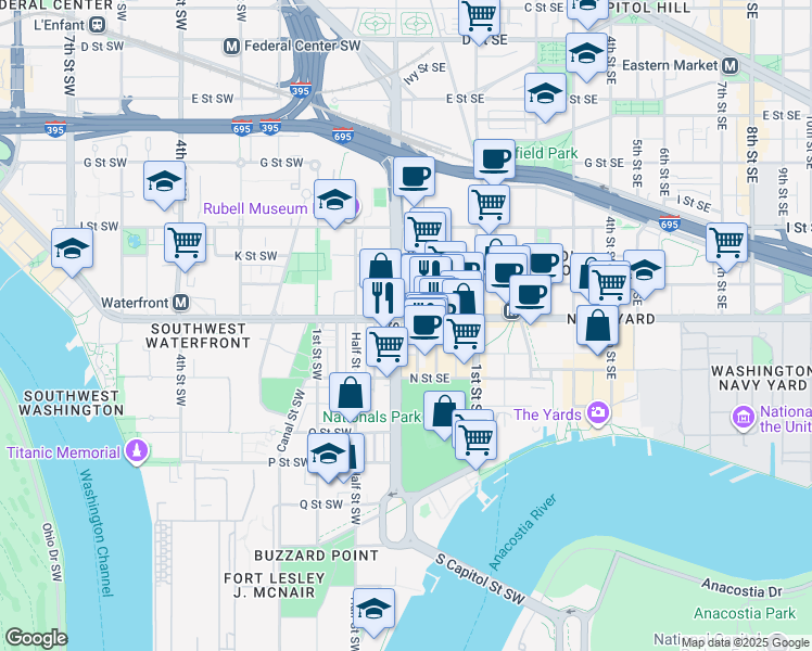 map of restaurants, bars, coffee shops, grocery stores, and more near 1200 South Capitol Street SE in Washington