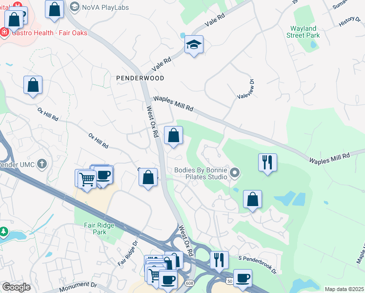 map of restaurants, bars, coffee shops, grocery stores, and more near 12121 Wedgeway Court in Fairfax
