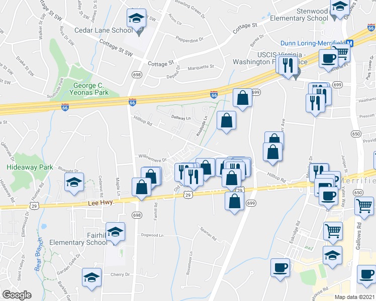 map of restaurants, bars, coffee shops, grocery stores, and more near 2807 Evelyn Court in Vienna