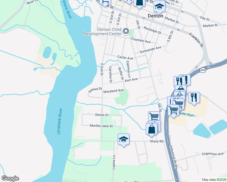 map of restaurants, bars, coffee shops, grocery stores, and more near Maryland Avenue in Denton