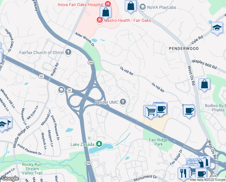 map of restaurants, bars, coffee shops, grocery stores, and more near 3891 Mohr Oak Court in Fairfax
