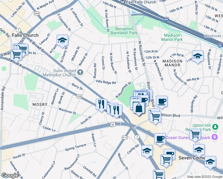 map of restaurants, bars, coffee shops, grocery stores, and more near 811 Ridge Pl in Falls Church