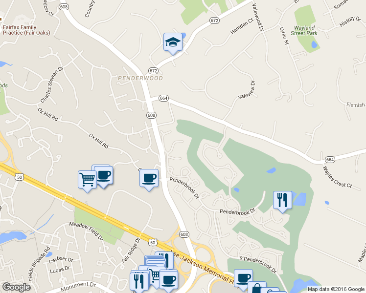 map of restaurants, bars, coffee shops, grocery stores, and more near 12121 Wedgeway Court in Fairfax