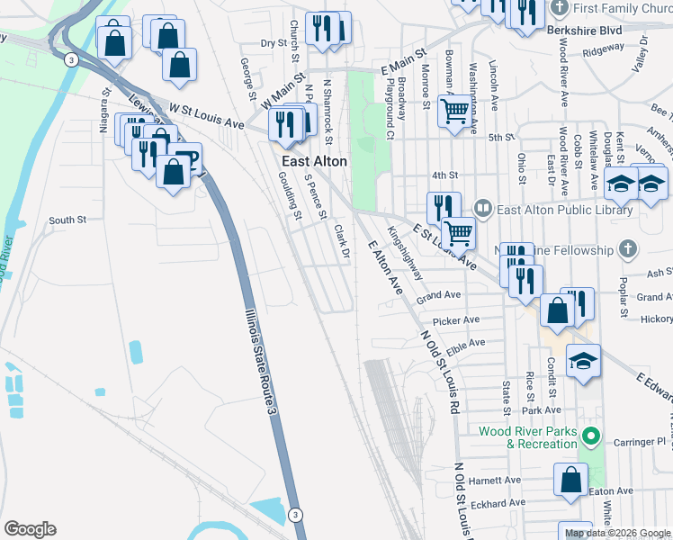 map of restaurants, bars, coffee shops, grocery stores, and more near 229 Clark Drive in East Alton