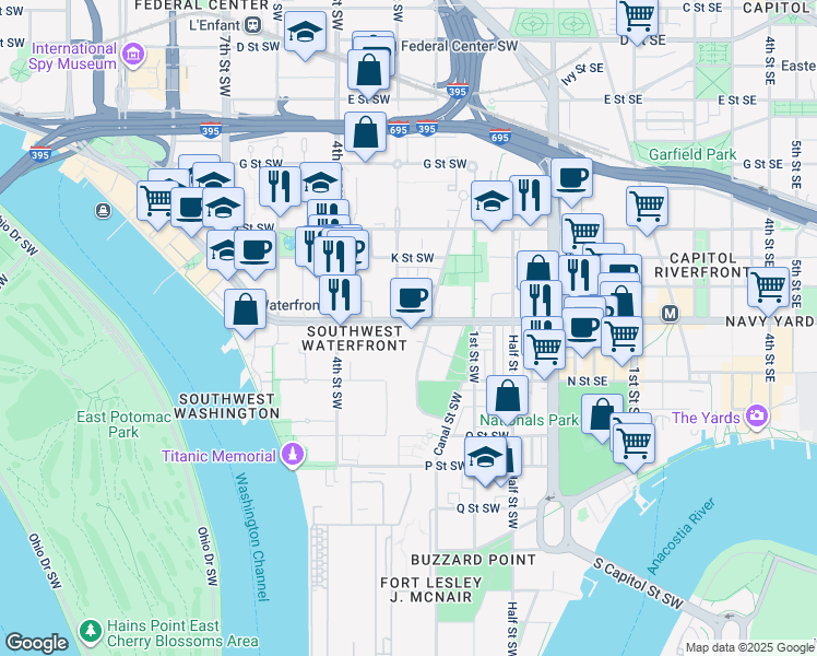 map of restaurants, bars, coffee shops, grocery stores, and more near 222 M Street Southwest in Washington