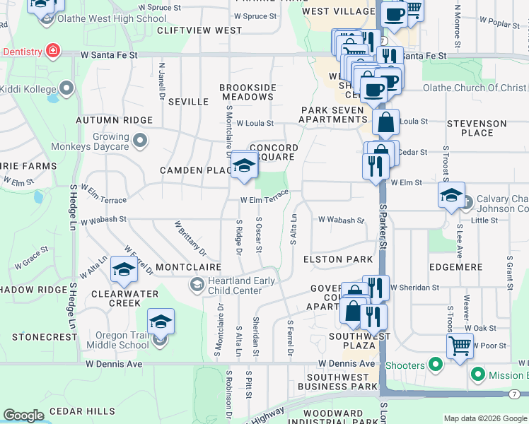 map of restaurants, bars, coffee shops, grocery stores, and more near 1401 West Elm Terrace in Olathe