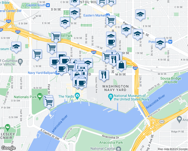 map of restaurants, bars, coffee shops, grocery stores, and more near 700 M Street Southeast in Washington