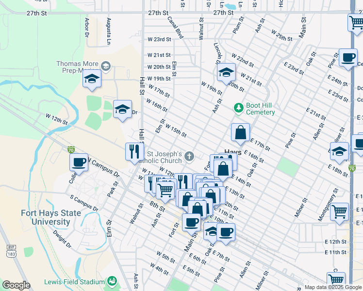 map of restaurants, bars, coffee shops, grocery stores, and more near 311 West 14th Street in Hays