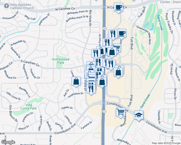 map of restaurants, bars, coffee shops, grocery stores, and more near 3110 North Powers Boulevard in Colorado Springs