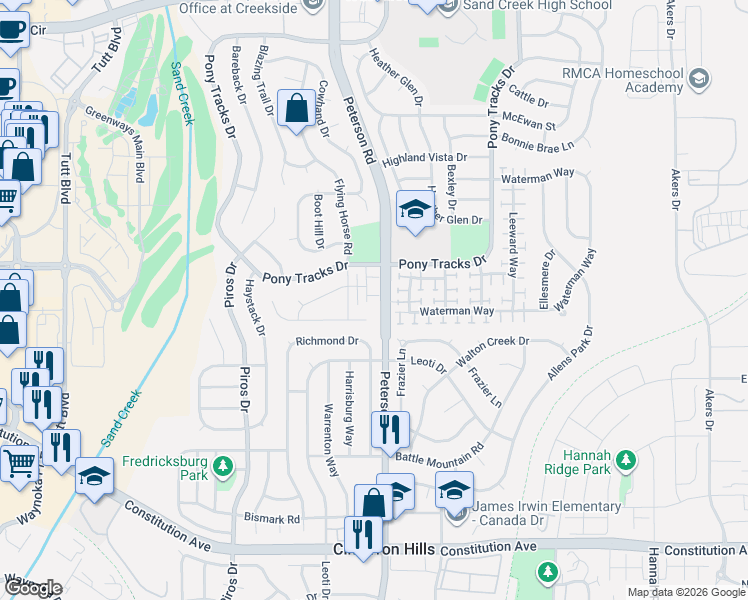 map of restaurants, bars, coffee shops, grocery stores, and more near 6820 Anchor Point in Colorado Springs