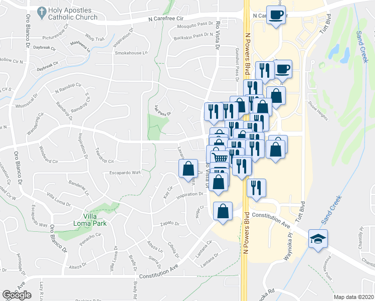 map of restaurants, bars, coffee shops, grocery stores, and more near 5469 Tennessee Pass Drive in Colorado Springs