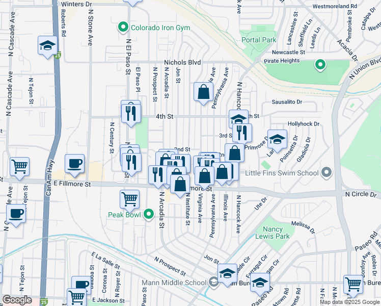 map of restaurants, bars, coffee shops, grocery stores, and more near 3106 North Institute Street in Colorado Springs